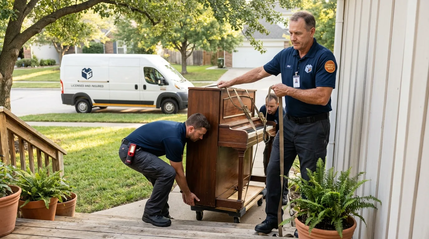 Licensed piano movers securing grand piano in Hazelwood, MO