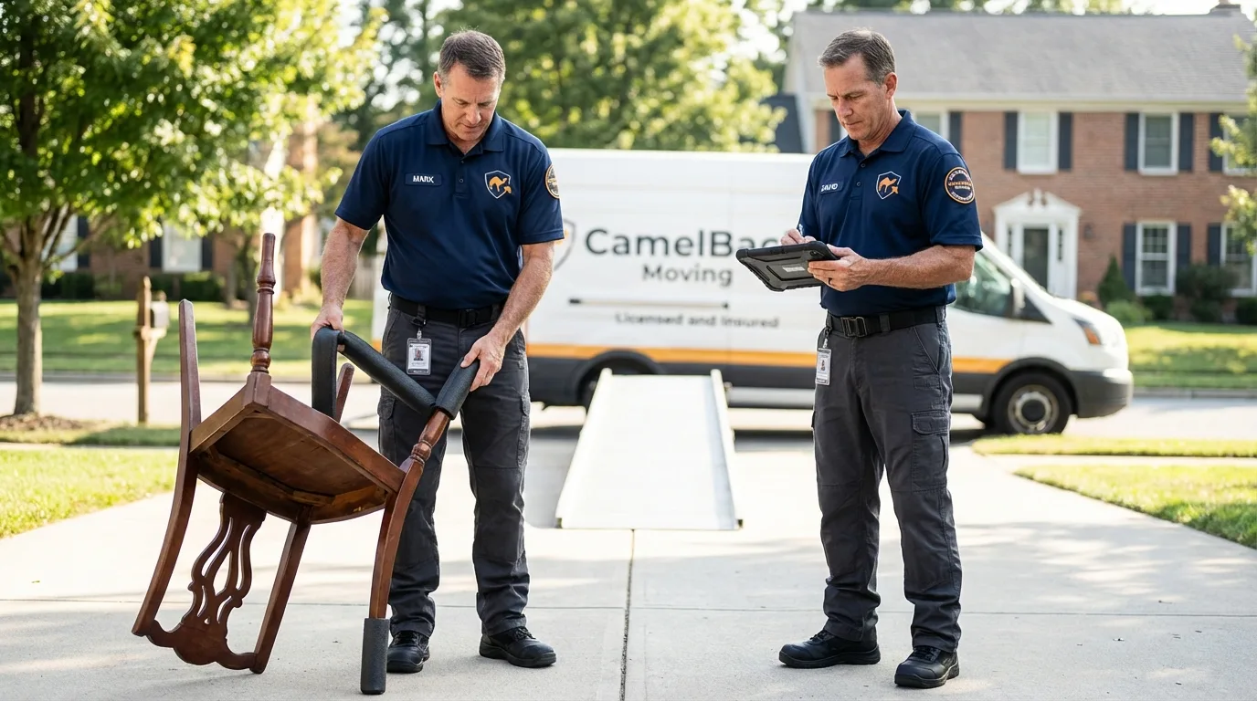 Movers inspecting furniture for damage prevention before loading in Hazelwood, MO