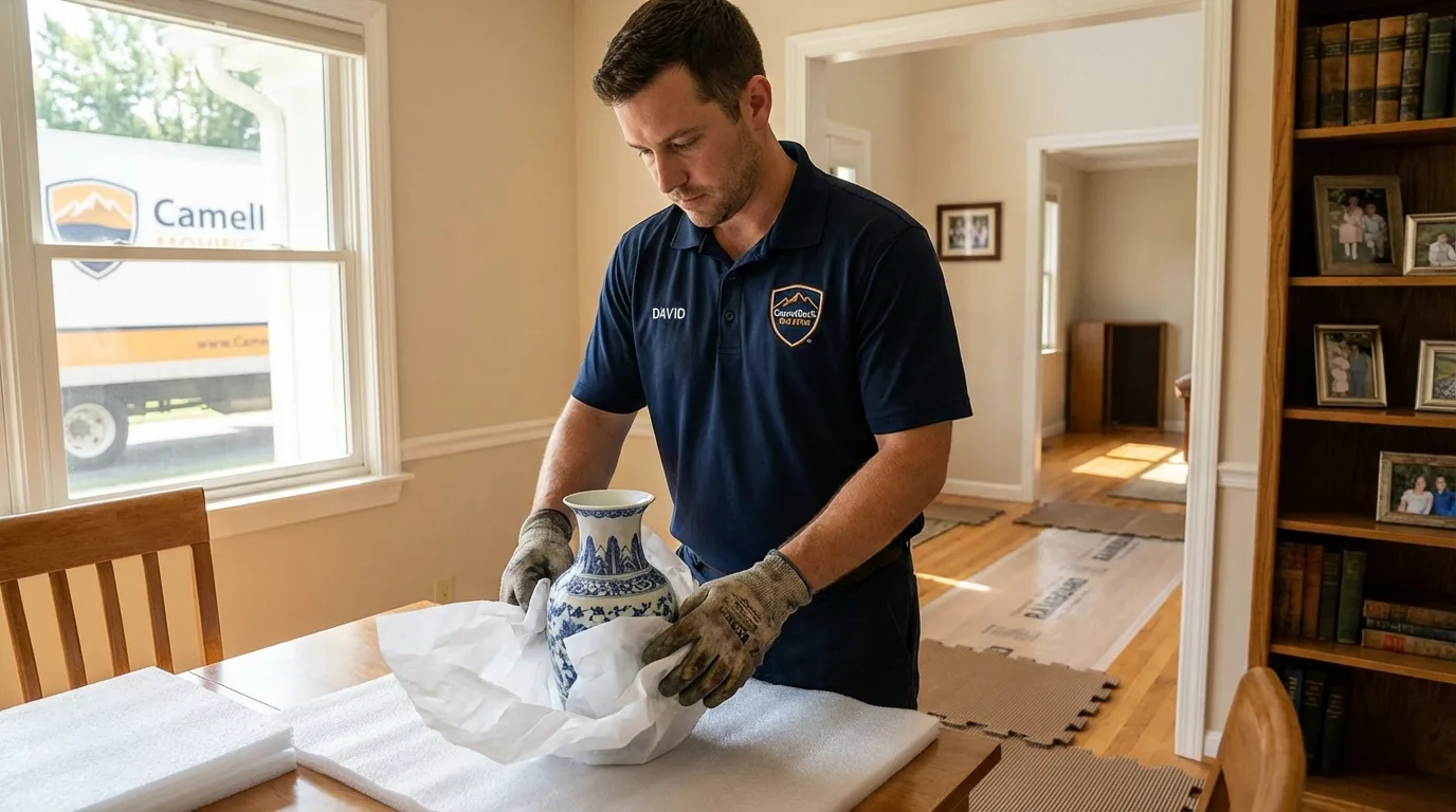 Professional crew carefully wrapping antique vase for senior downsizing move in Hazelwood, MO
