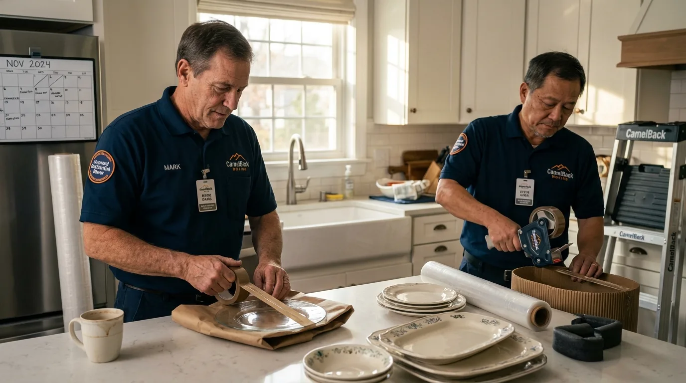 Professional crew packing kitchen dishware in Hazelwood, MO